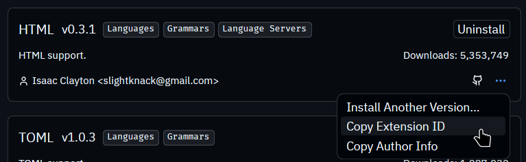 Copy extension ID menu